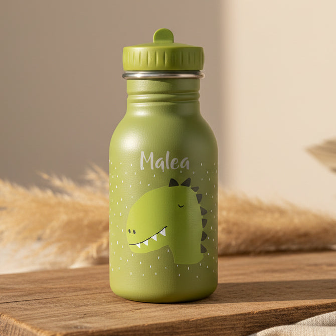 Personalisierte Trixie Trinkflasche Herr Dino 350 ml in Grün mit Name – Edelstahl-Kinderflasche für Kita, Schule und Ausflüge