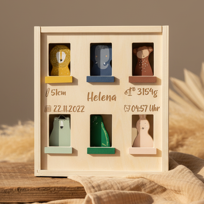 Personalisiertes Trixie Apartment mit Tieren aus Holz – Spielhaus mit sechs Tierfreunden und individueller Gravur von Name und Daten