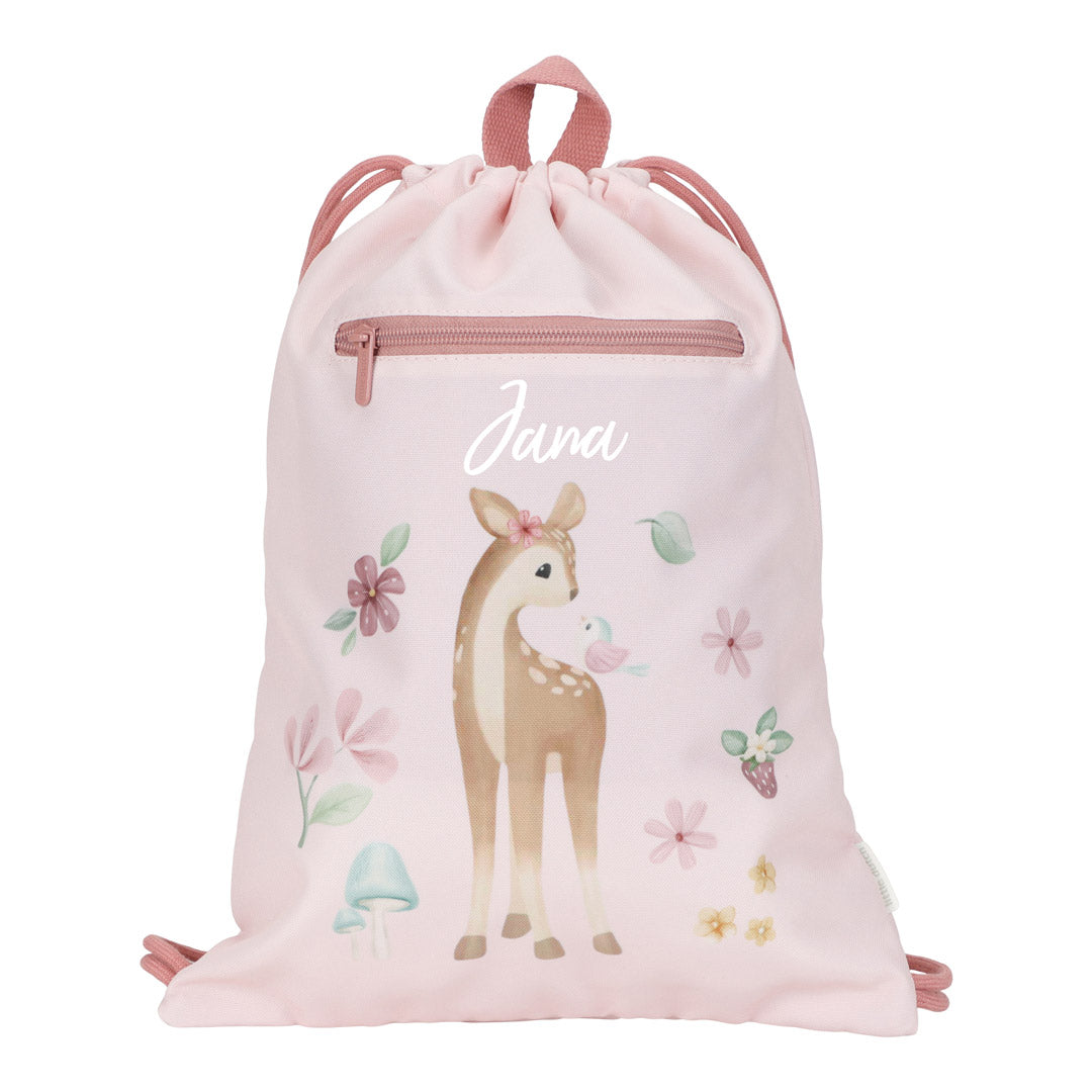 Personalisierter Turnbeutel Fairy Garden von Little Dutch – pinker Kinderbeutel mit Name, Blumenprint und Fronttasche