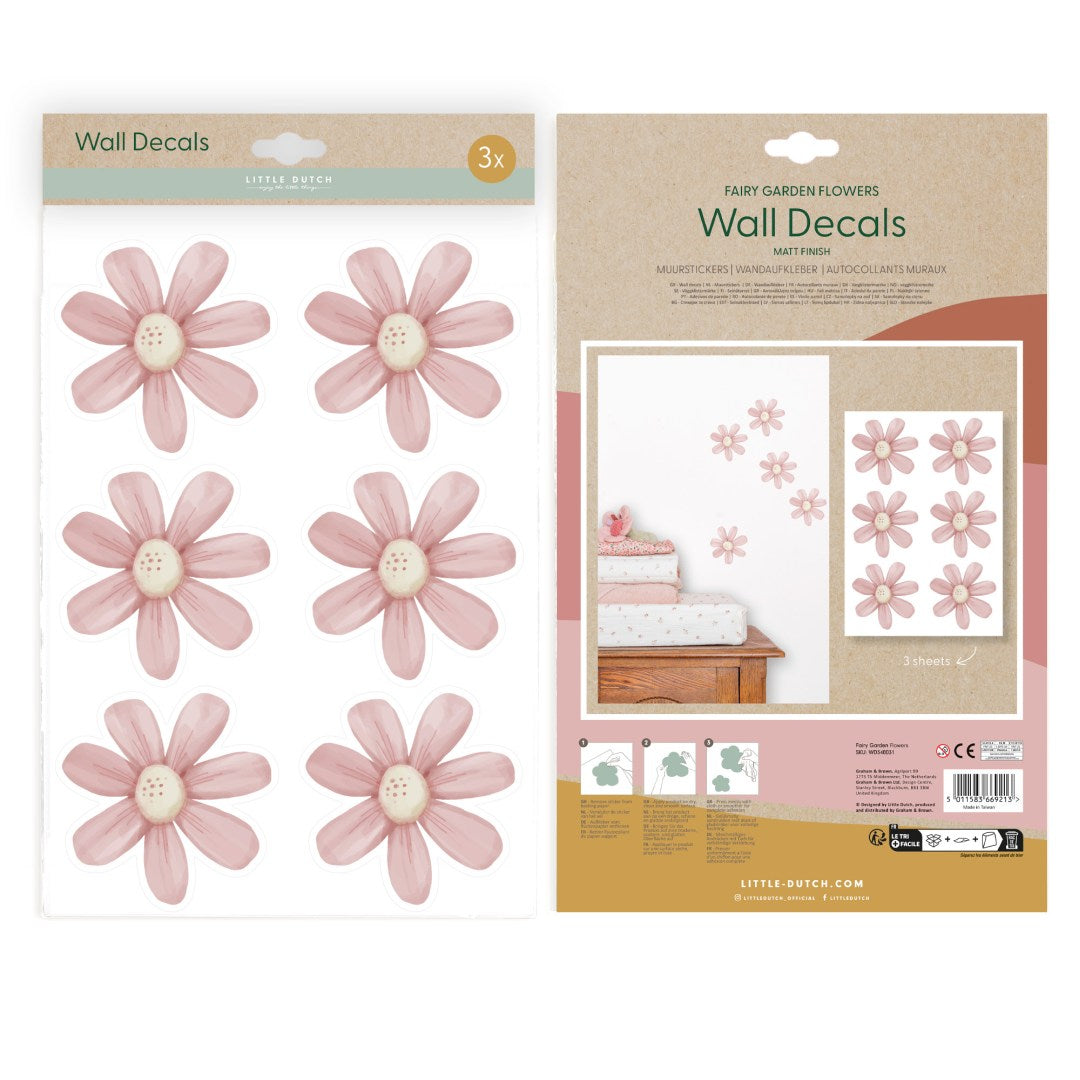 Fairy Garden Wandsticker Flowers – rosa Blumen-Wandaufkleber auf drei A4-Bögen für das Kinderzimmer