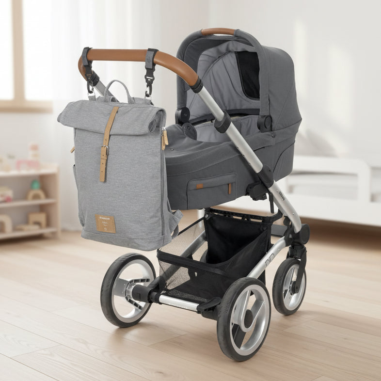 LÄSSIG Wickelrucksack Rolltop Grey Mélange – grauer Rucksack mit Rollverschluss und funktionalen Außenfächern für Baby- und Wickelutensilien