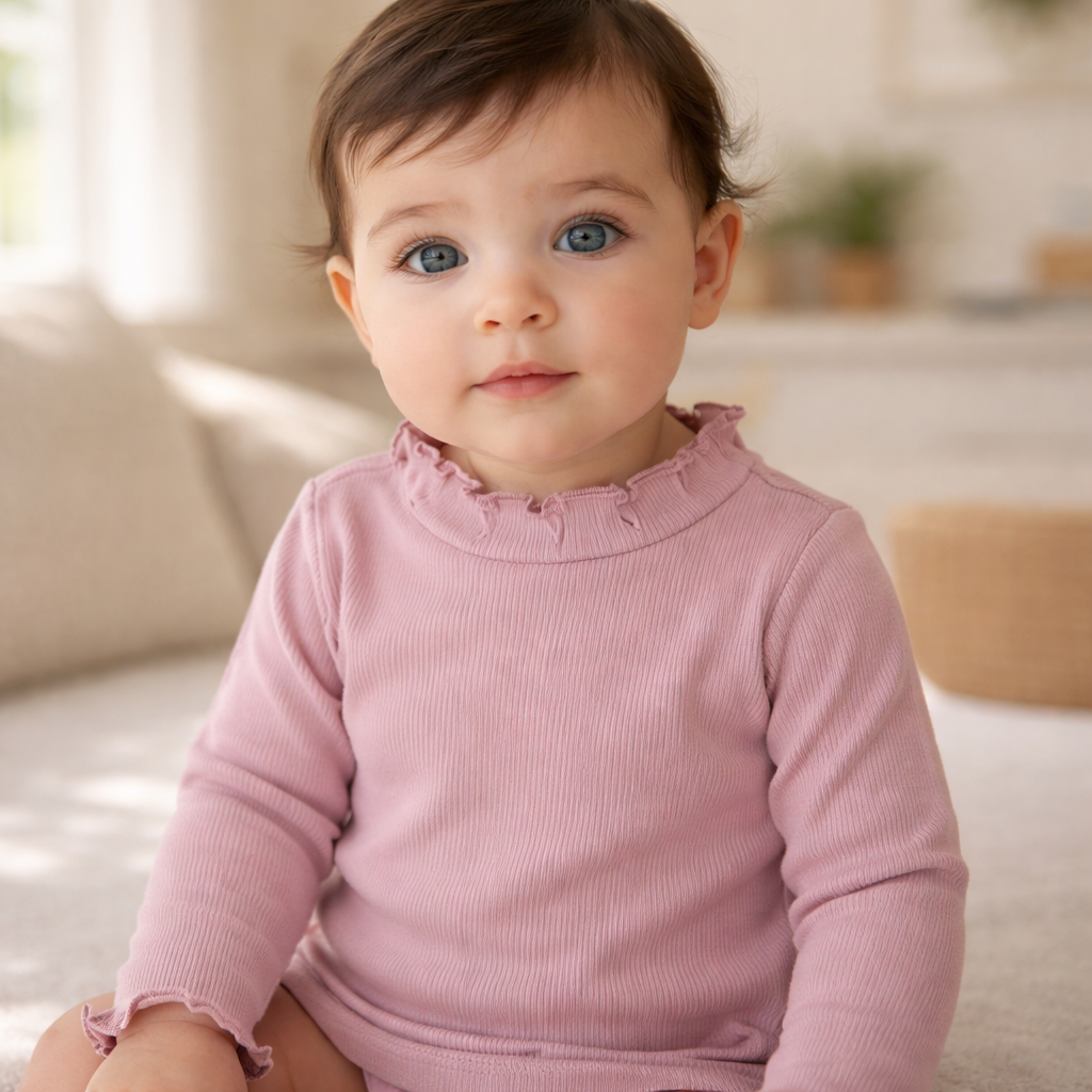 Baby trägt ein rosafarbenes langärmeliges Ripp Shirt mit Stehkragen und Rüschen und sitzt in einem hellen Wohnraum
