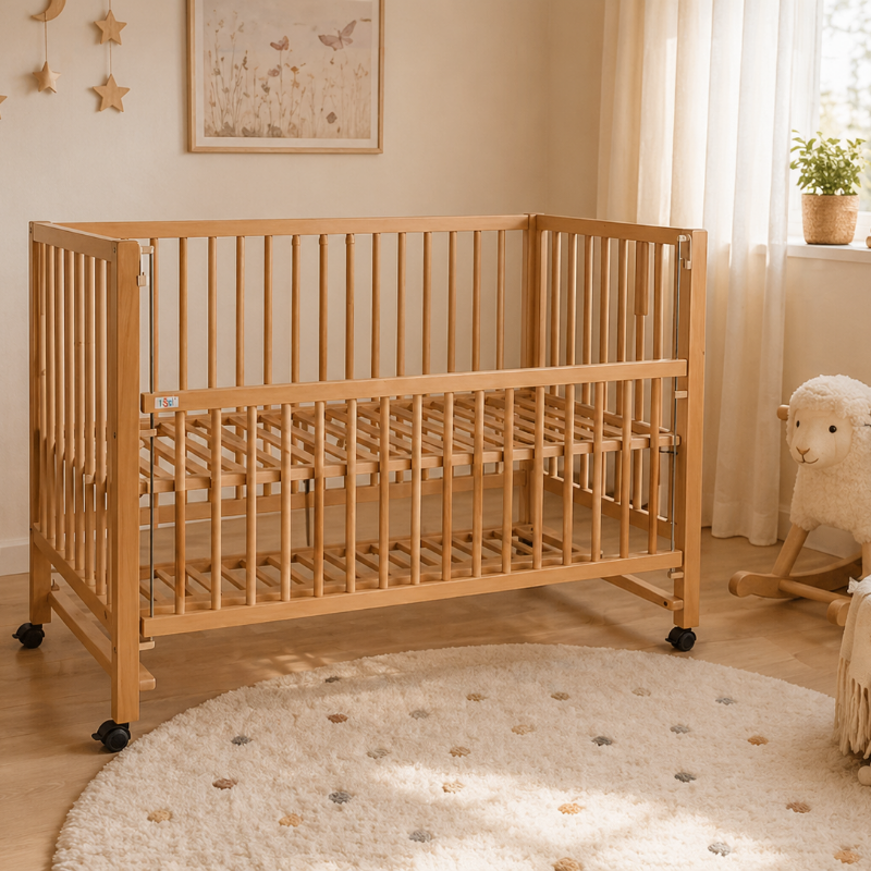 Holz Babybett in warmem Kinderzimmer mit Teppich, Vorhang und Kuscheltier, natürliche und gemütliche Atmosphäre