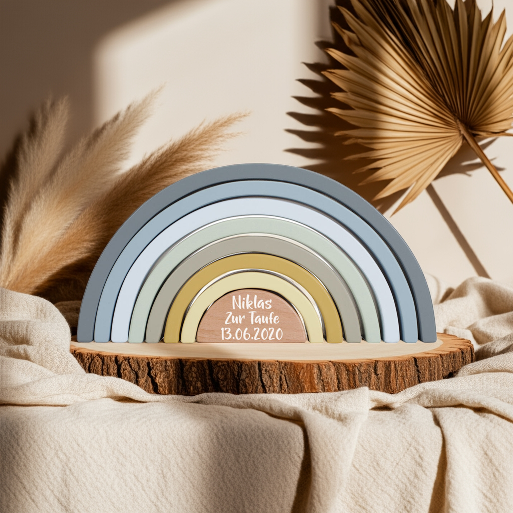 Personalisierter Holz-Regenbogen Blau zur Taufe mit acht stapelbaren Bögen