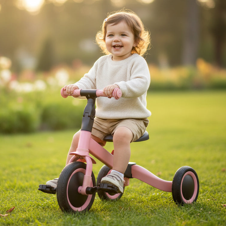 Kleinkind fährt auf einem pinken 4 in 1 Dreirad im Garten und lernt spielerisch Balance und Motorik ab 1 Jahr