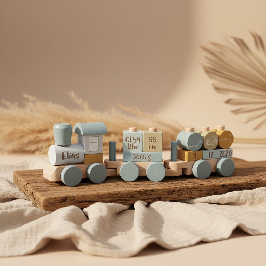 Blaue Holz-Eisenbahn mit Name, Datum, Uhrzeit, Gewicht und Größe des Kindes