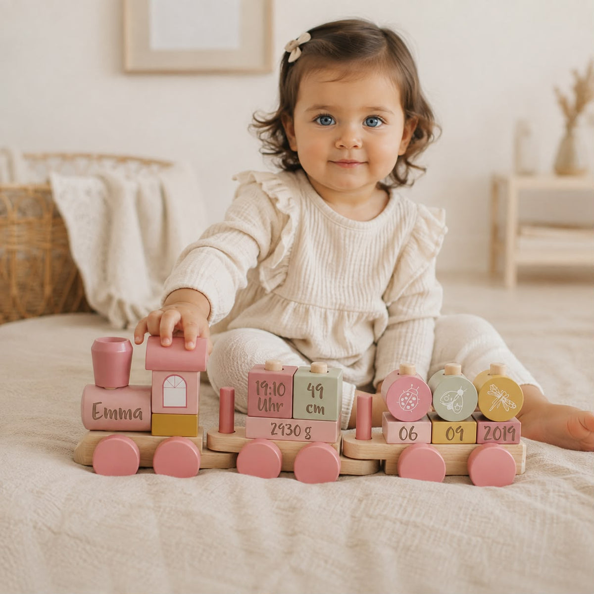 Kind spielt mit rosa personalisiertem Holzzug aus Holz mit Name und Geburtsdaten