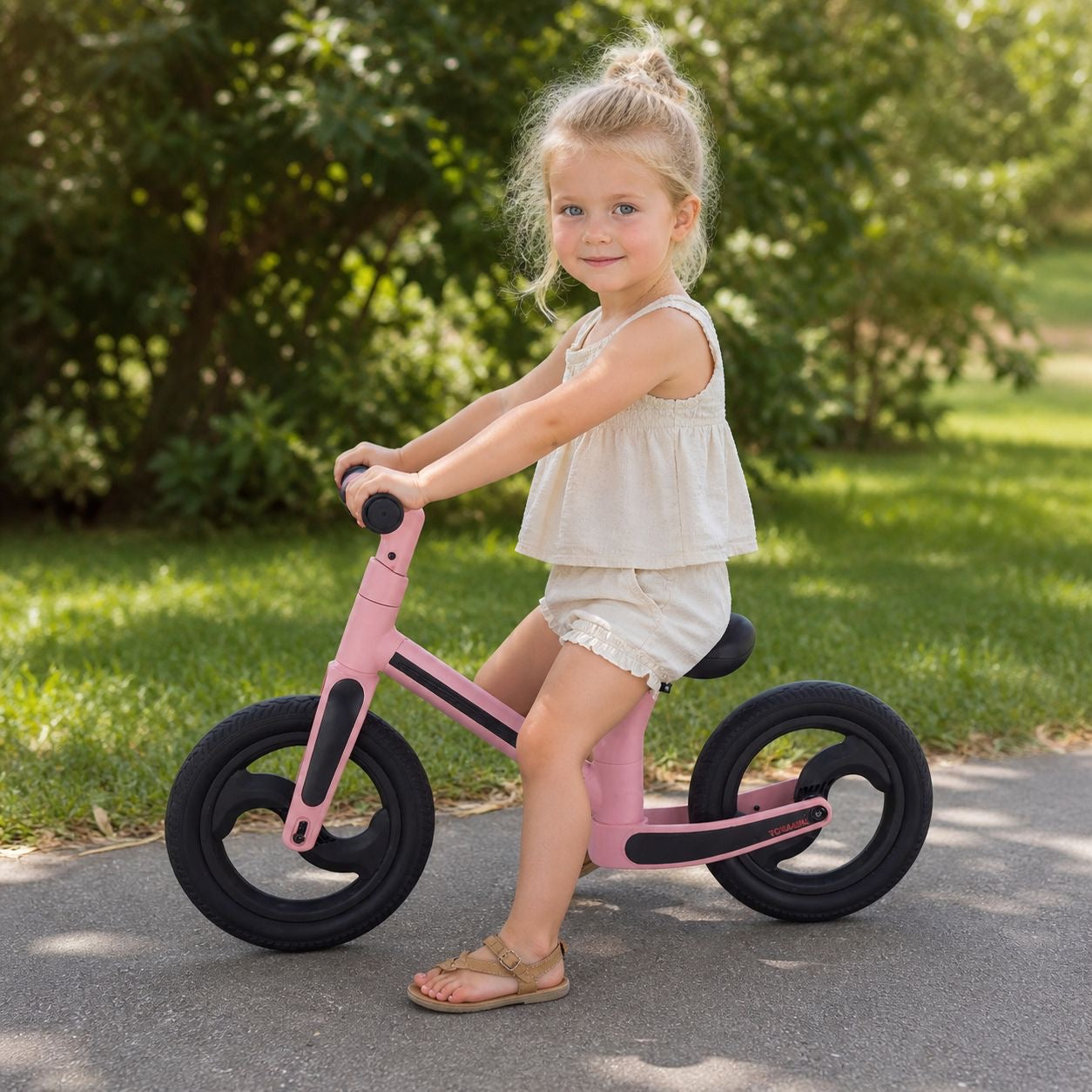 Kleines Mädchen fährt mit einem rosa Laufrad im Freien. Das Kinderlaufrad fördert Gleichgewicht, Motorik und Selbstvertrauen und bereitet spielerisch auf das Fahrradfahren vor.