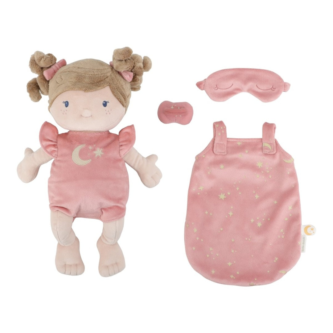 Kuschelpuppe mit Schlafsack und Schlafmaske in Rosa. Liebevolles Stoffpuppen-Set für Babys und Kinder, ideal zum Kuscheln, Spielen und als besonderes Geschenk zur Geburt oder zum ersten Geburtstag.