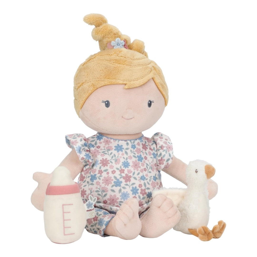 Kuschelpuppe Rosa mit Tulpen für Mädchen mit Stoffgans und Milchflasche – weiche Stoffpuppe als Geschenk zur Geburt, Taufe oder zum Geburtstag