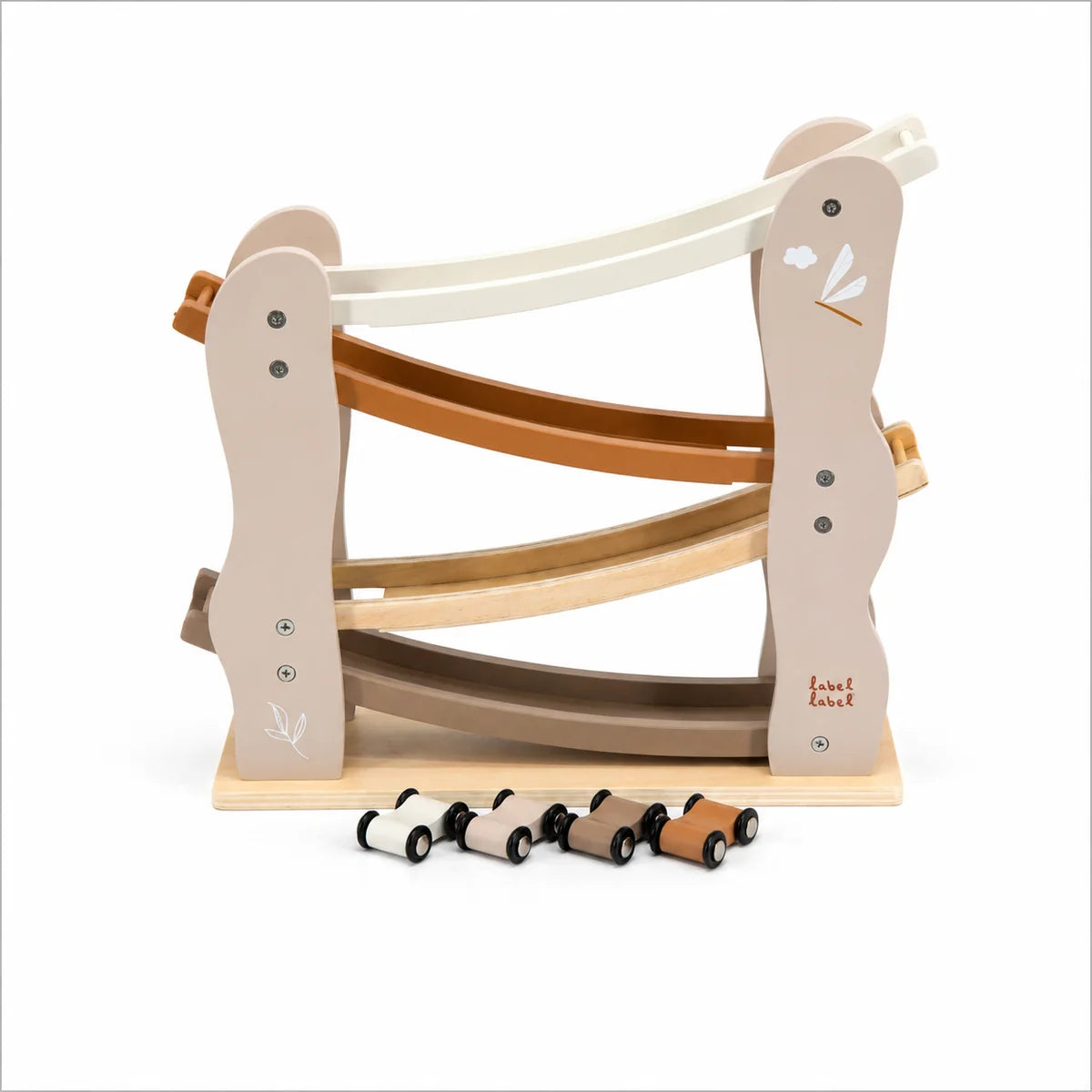 Circuit de course personnalisé en bois couleur nougat avec 4 voitures – cadeau personnalisé pour baptême