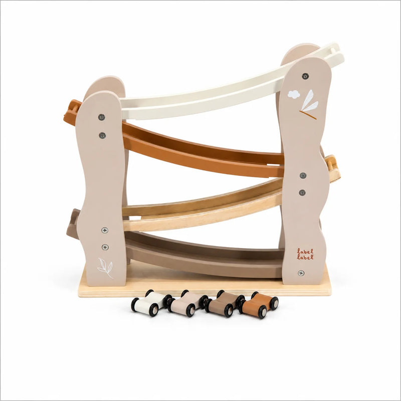 Circuit de course personnalisé en bois couleur nougat avec 4 voitures – cadeau personnalisé pour baptême