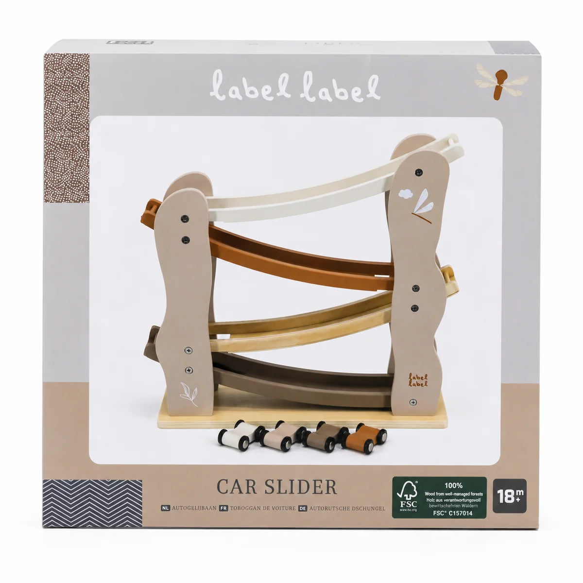 Circuit de course personnalisé en bois couleur nougat avec 4 voitures – cadeau personnalisé pour baptême