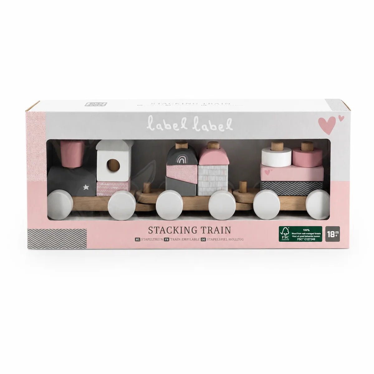 Verpackung des personalisierten Holzzugs aus Holz in Rosa als Geschenk zur Geburt oder Taufe