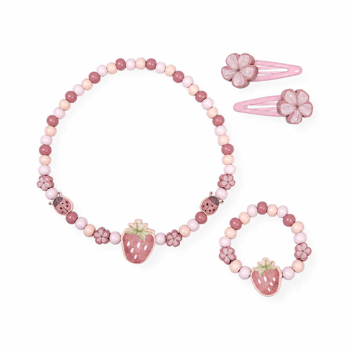 Little Dutch Schmuckset Erdbeere mit Halskette, Armband und zwei rosa Blumenhaarspangen auf weißem Hintergrund