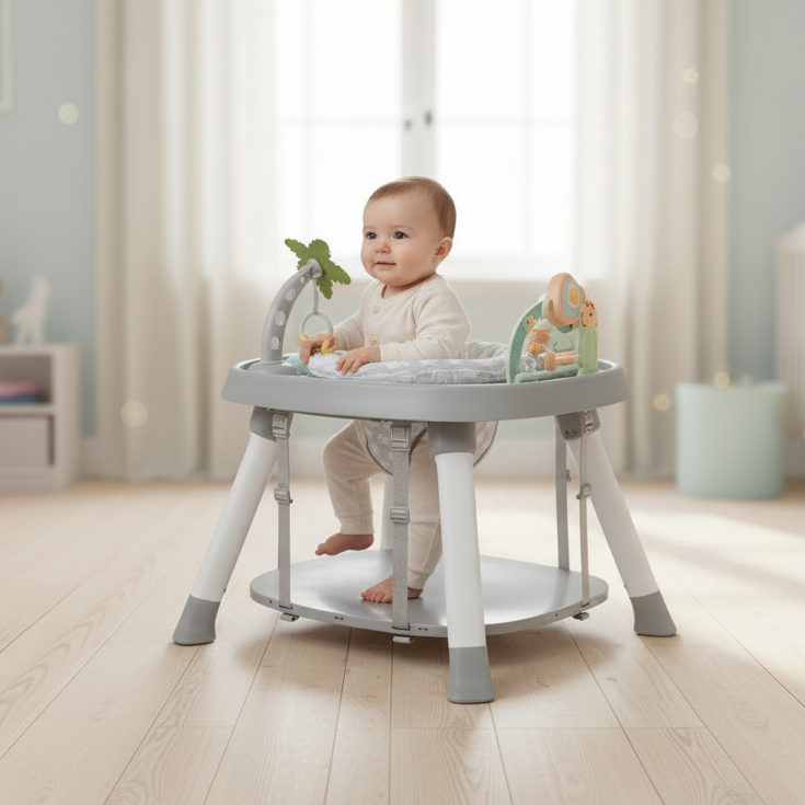Multi Spielcenter in Grau fuer Babys mit abwechslungsreichen Spielelementen zur Foerderung von Motorik, Sinneswahrnehmung und spielerischer Entwicklung
