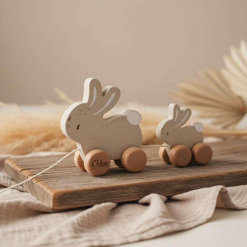 Personalized wooden pull-along baby bunny