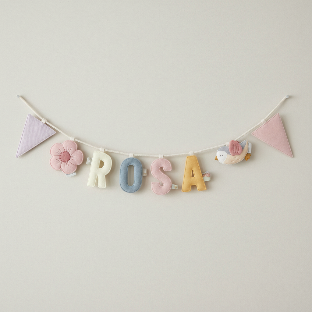 Personalisierte Namensgirlande Rosa für das Kinderzimmer mit Buchstaben, Blume, Schwan und Stofffähnchen in sanften Pastellfarben – liebevolle Deko zur Geburt, Taufe oder Babyshower