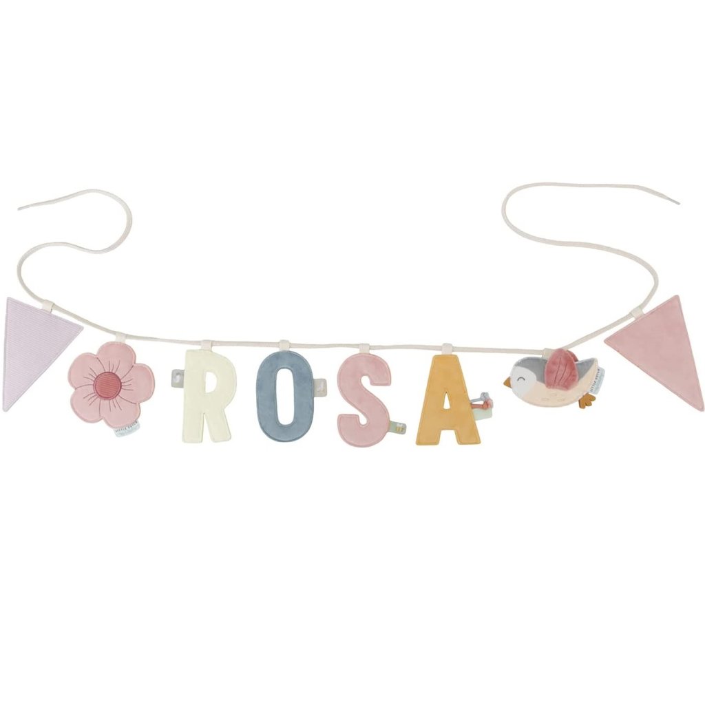 Personalisierte Namensgirlande Rosa mit Buchstaben, Blume, Vogel und Stofffähnchen in sanften Pastellfarben – liebevolle Kinderzimmer Deko zur Geburt, Taufe oder als Geschenk für Babys
