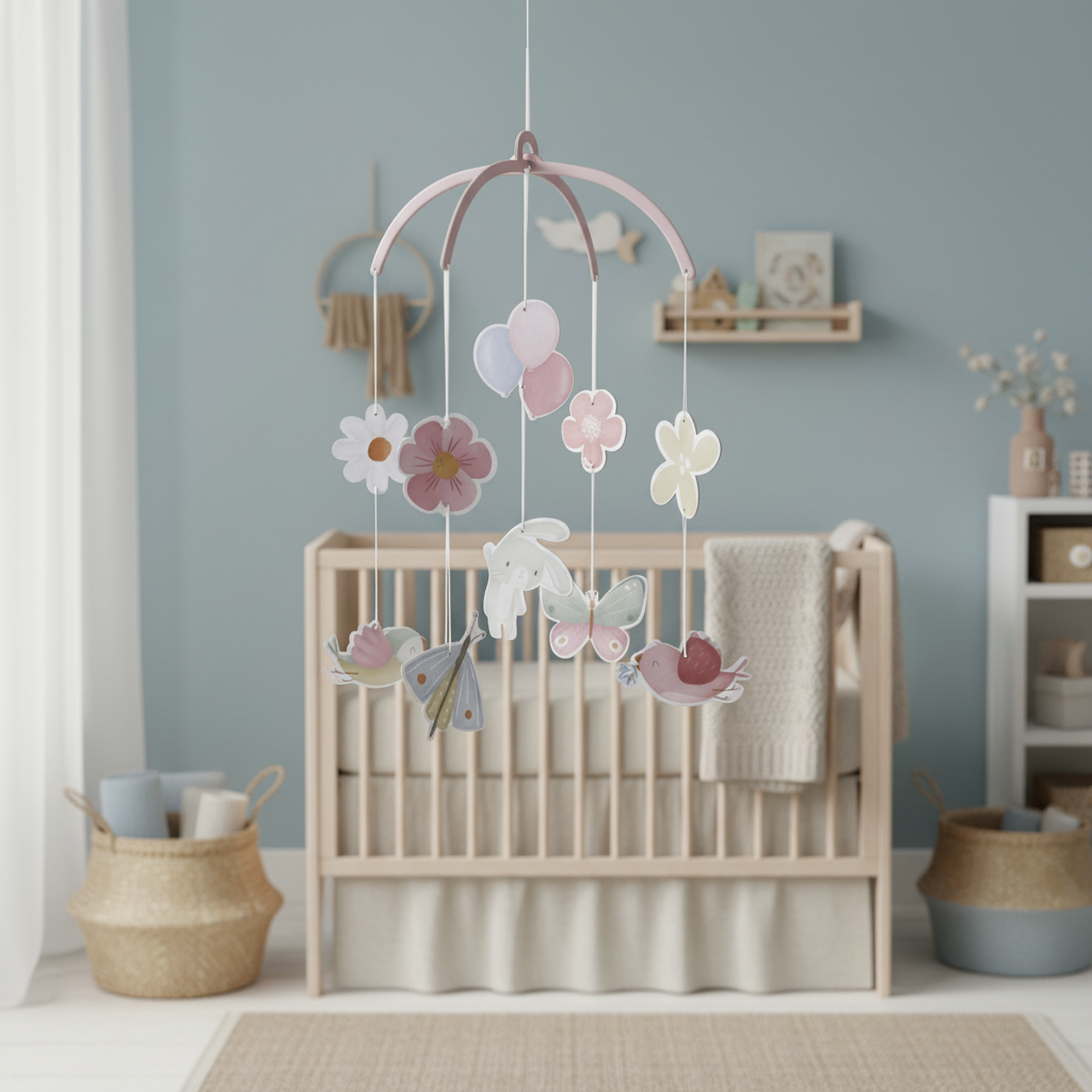 Papp Mobile mit Blumen und Schmetterlingen als liebevolle Babyzimmer Dekoration, ideal ueber Wickeltisch, Babybett oder Spielecke