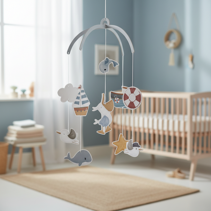 Papp Mobile Sailors Bay als liebevolle Babyzimmer Dekoration mit maritimen Motiven, ideal ueber Babybett, Wickeltisch oder Spielecke