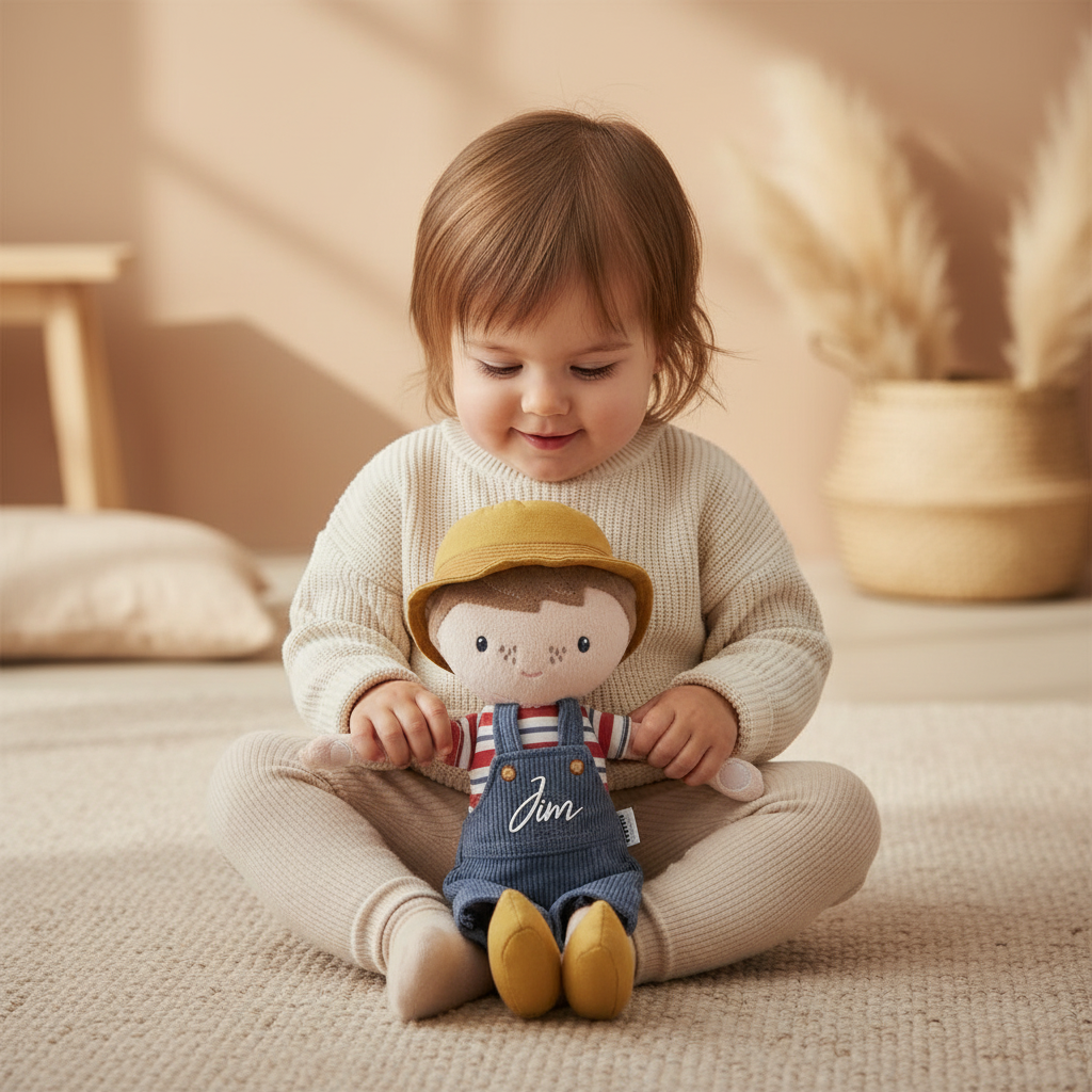 Kleinkind mit personalisierter Kuschelpuppe Dutch Jim mit Name