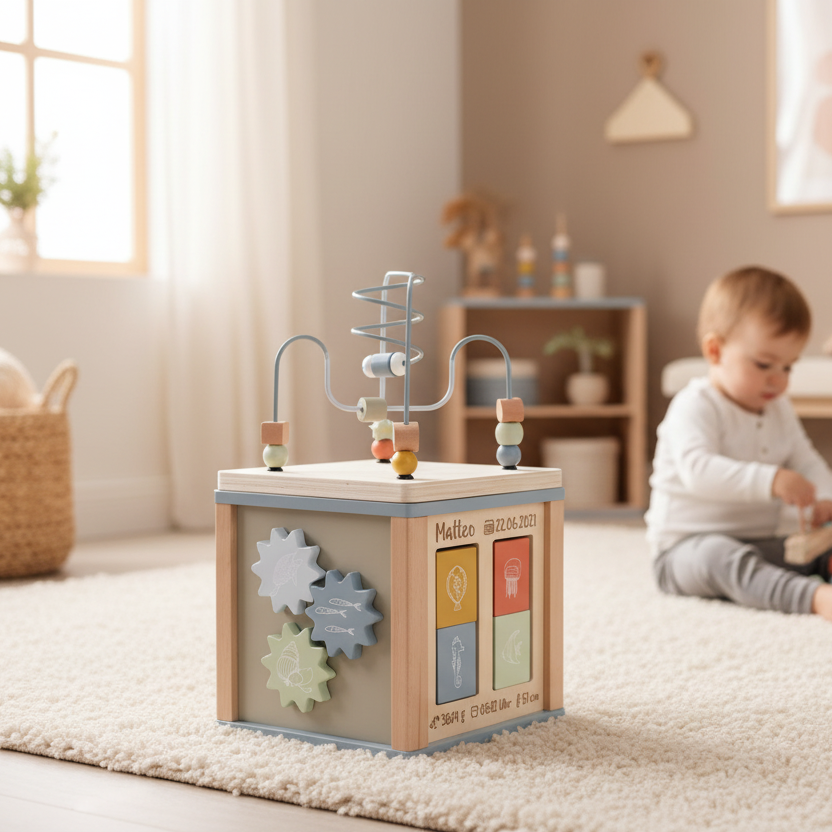 Personalisierter Aktivitätswürfel aus Holz im Kinderzimmer mit Baby im Hintergrund – Geschenk zur Geburt mit Name und Geburtsdaten von Schmatzepuffer