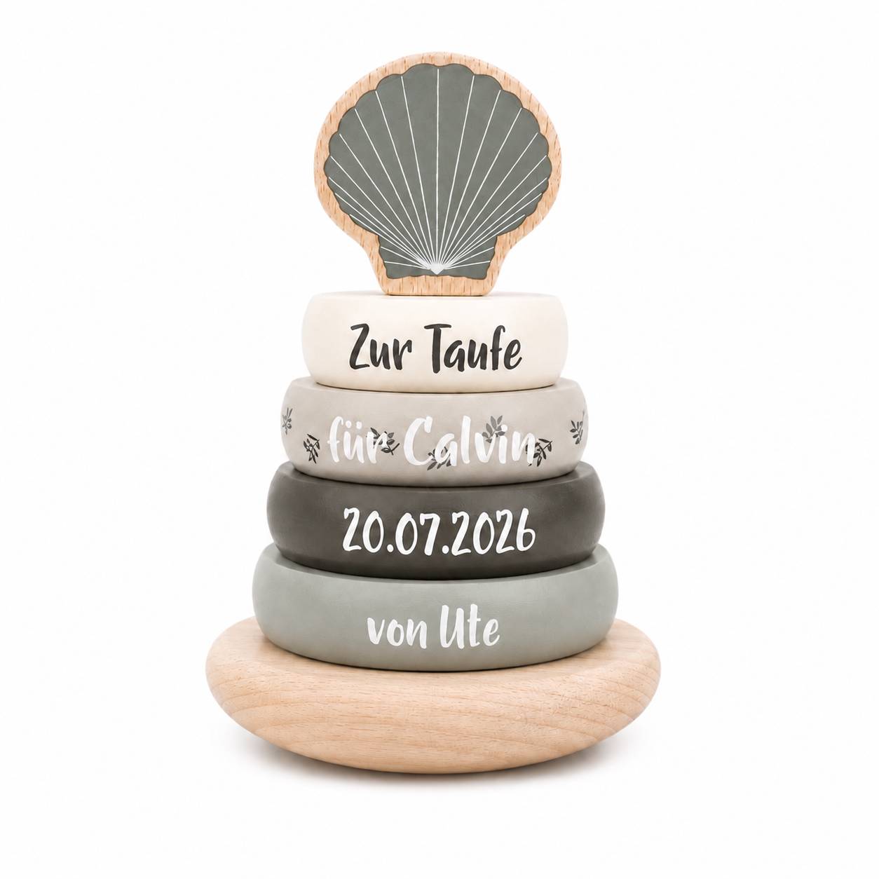 Personalisierter Holz Stapelturm mit Muschel in Grau zur Taufe mit Name, Taufdatum und Widmung als individuelles Taufgeschenk für Jungen und Mädchen