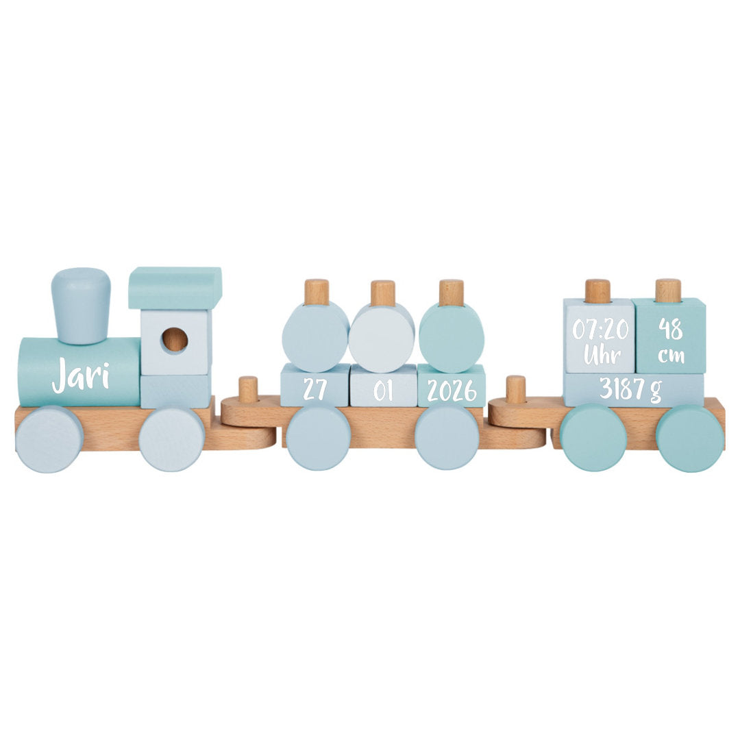 Bedruckter personalisierter Holzzug mit Name und Geburtsdaten – hochwertiges Babygeschenk zur Geburt, individuell gestaltet bei Schmatzepuffer