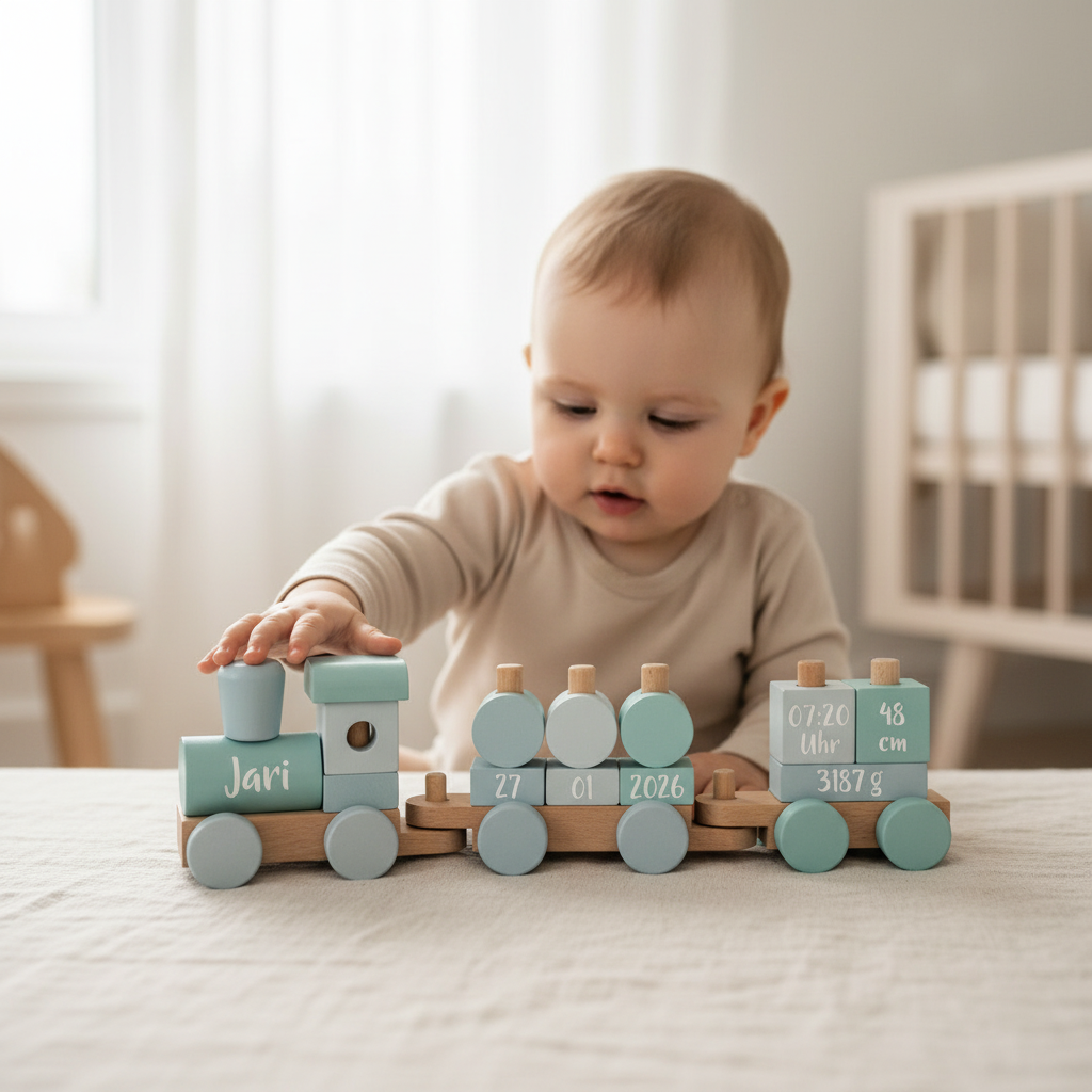Baby spielt mit personalisiertem Holzzug mit Name Jari und Geburtsdaten – emotionales Geschenk zur Geburt mit individueller Gravur