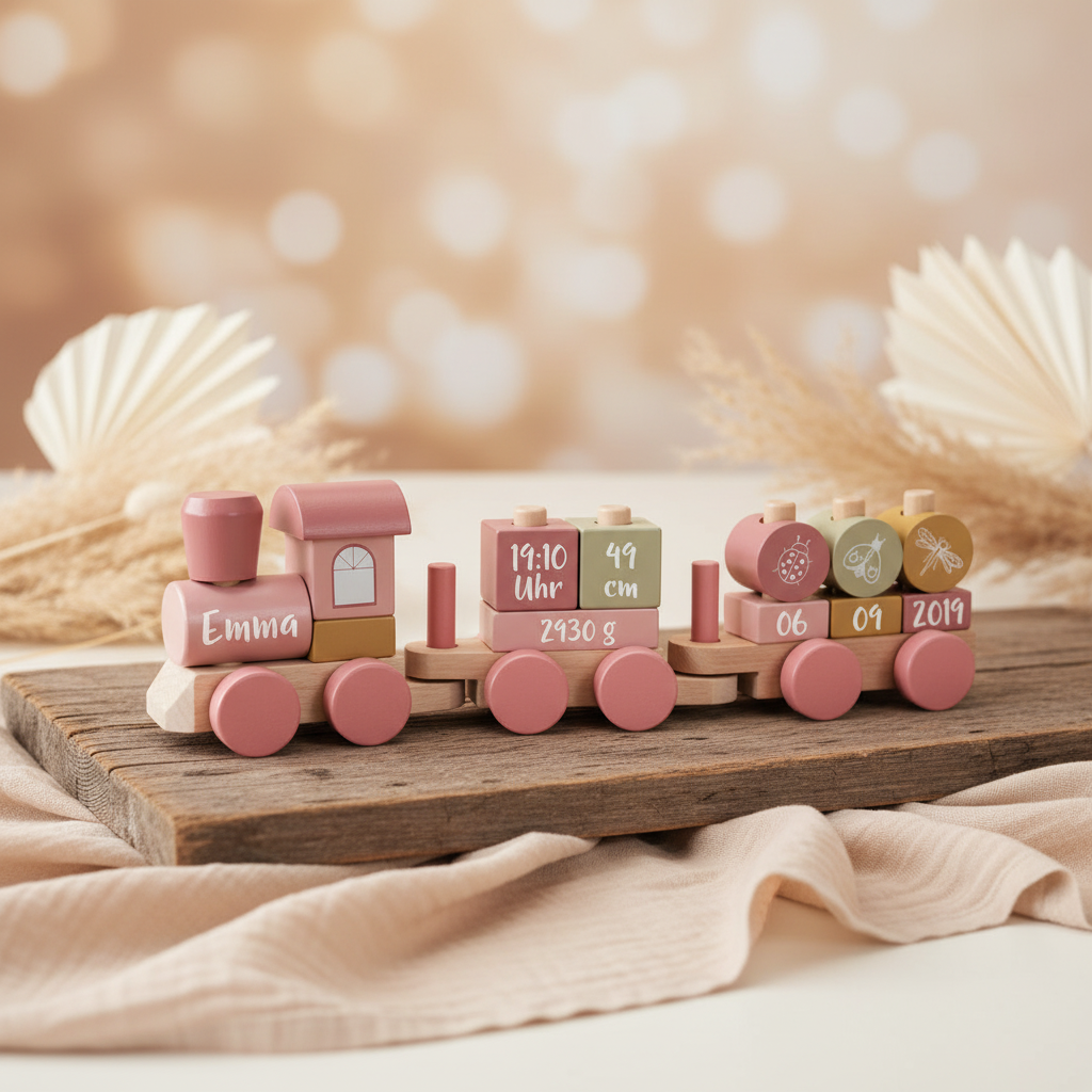 Personalisierter Holzzug in Rosa und Pink mit Name, Datum, Uhrzeit, Größe und Gewicht