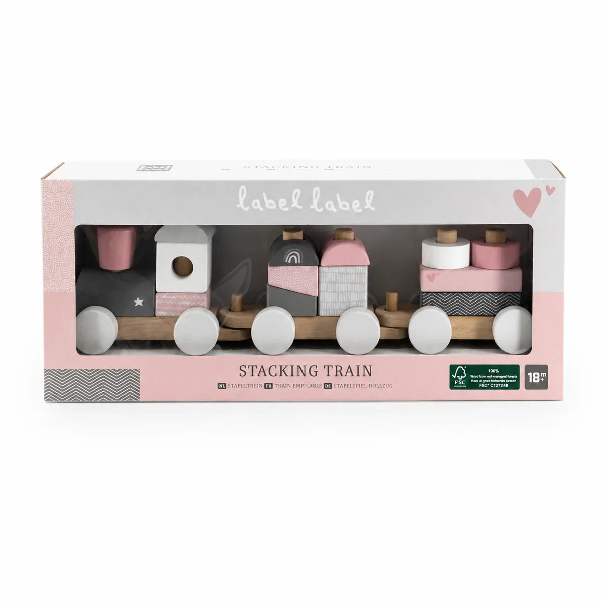 Verpackung des personalisierten Holzzugs zur Taufe von Label Label in Rosa mit Name und Taufdatum