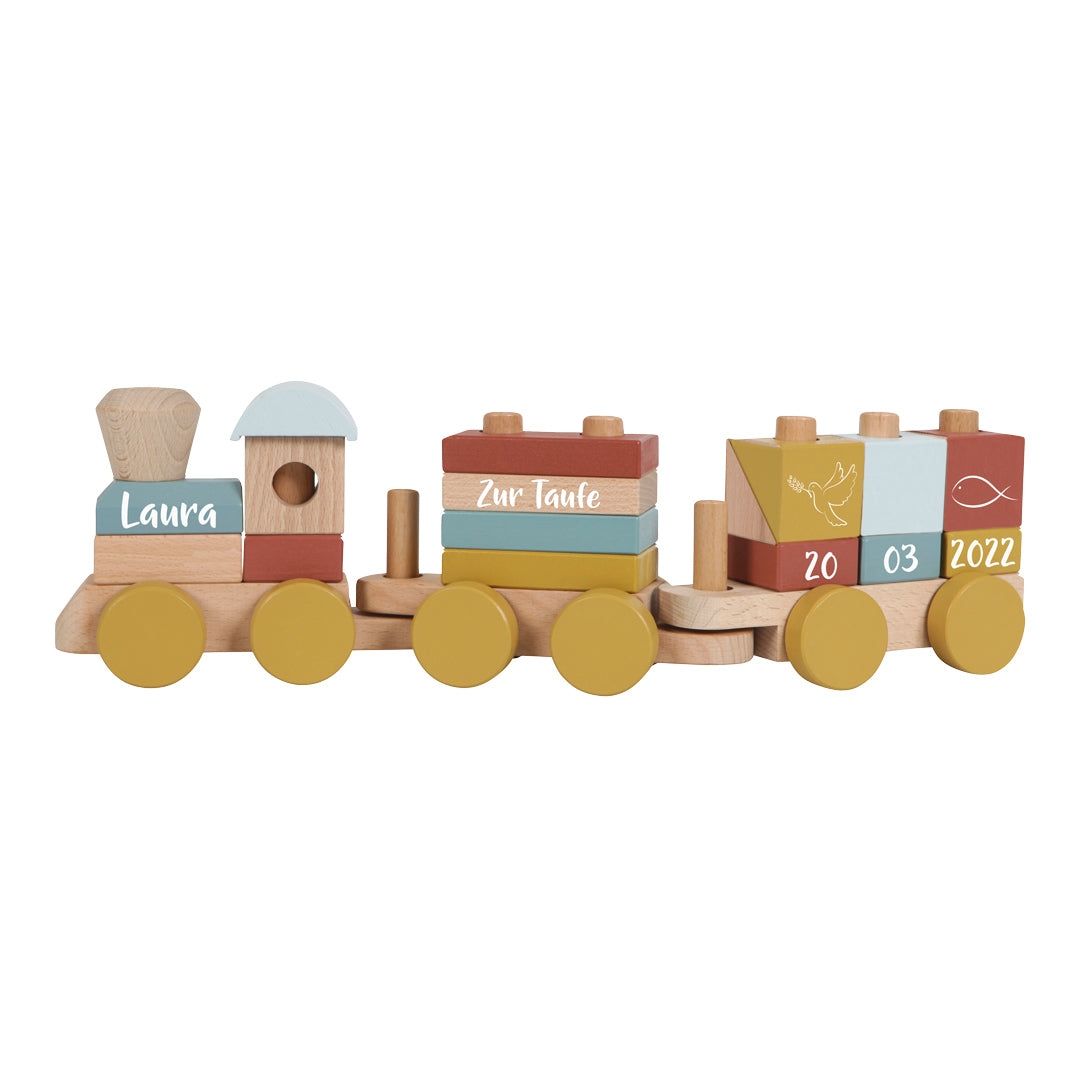 Personalisierter Holzzug zur Taufe mit Name, Taufdatum und dem Schriftzug Zur Taufe als individuelles Taufgeschenk aus Holz