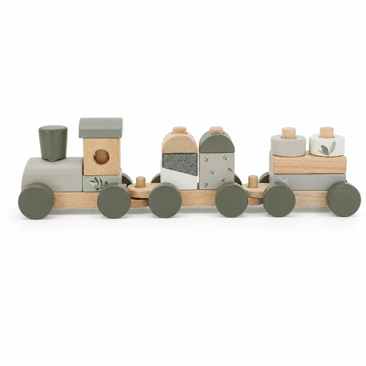 Personalisierter Holzstapelzug in Olivgrün als besonderes Taufgeschenk mit Name und Taufdatum