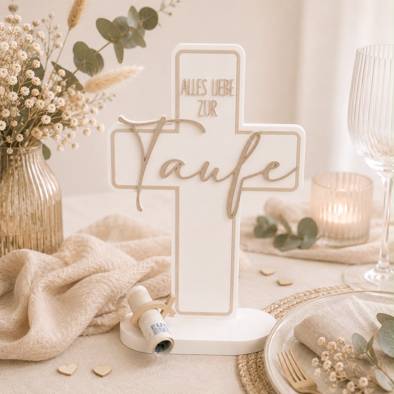 Personalisiertes Taufkreuz in Beige ohne Verzierung mit Namen als schlichte Taufdekoration