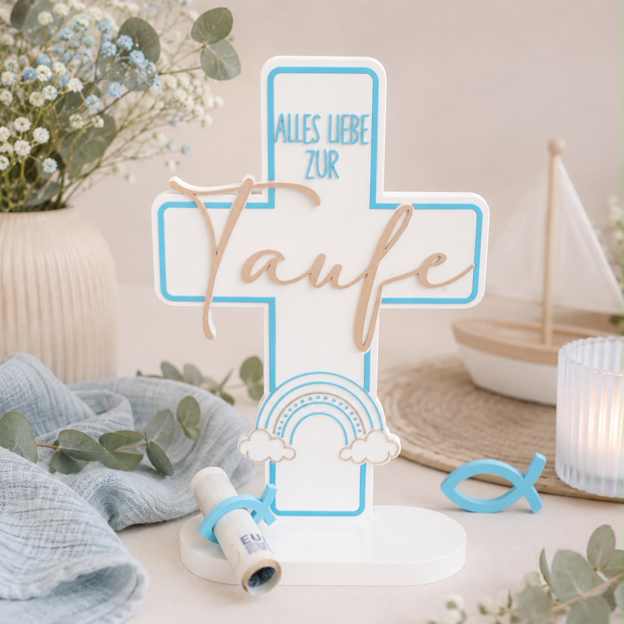 Personalisiertes Taufkreuz in Blau mit Namen und Regenbogen Motiv als Geldgeschenk zur Taufe