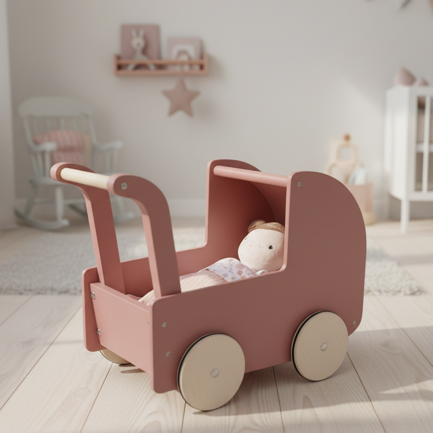 Hochwertiger Puppenwagen aus Holz im Kinderzimmer mit Kissen, Decke und Bettwäsche. Beliebtes Geschenk für Mädchen zum Geburtstag, zu Weihnachten oder zur Taufe. Fördert Rollenspiele, Kreativität und die motorische Entwicklung und ist gleichzeitig ein stilvoller Blickfang im Kinderzimmer.