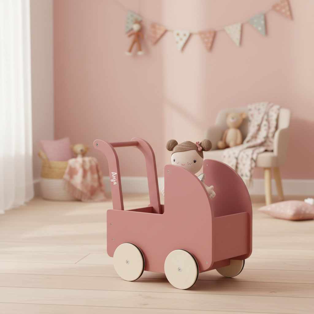 Puppenwagen mit Babypuppe im Kinderzimmer. Hochwertiges Holzspielzeug für Mädchen mit liebevollen Details und zeitlosem Design. Beliebtes Geschenk zum Geburtstag, zu Weihnachten oder zur Taufe, das Rollenspiele, Kreativität und die motorische Entwicklung fördert.