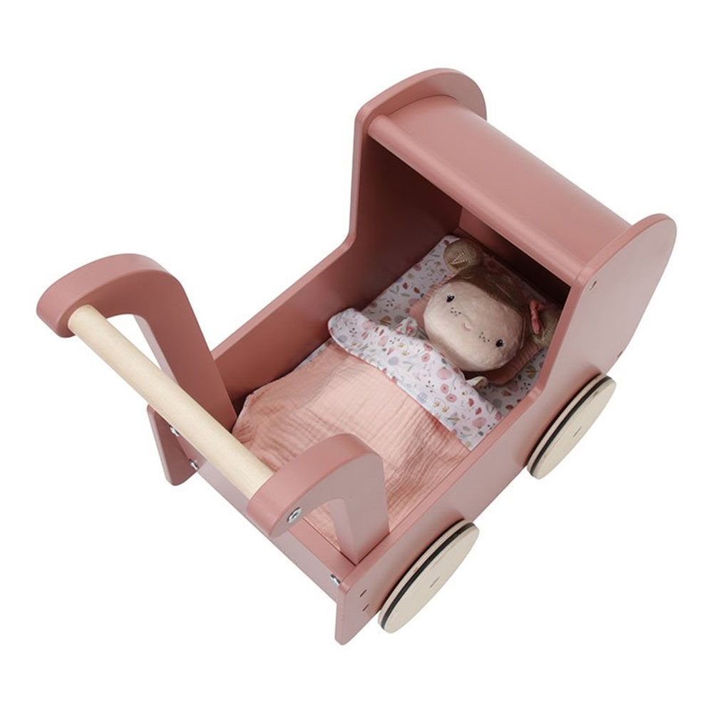 Puppenwagen aus Holz mit Kuschelpuppe, Kissen, Decke und Bettwäsche im Flowers-and-Butterflies-Design. Hochwertiges Geschenk für Mädchen zum Geburtstag, zu Weihnachten oder zur Taufe. Liebevoll gestaltet und ideal für Rollenspiele, Puppenpflege und fantasievolles Spielen im Kinderzimmer.