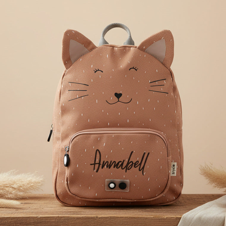 Personalisierter Trixie Kinder-Rucksack Frau Katze mit Name – wasserabweisender Rucksack mit Fronttasche und Brustgurt für Schule und Ausflüge