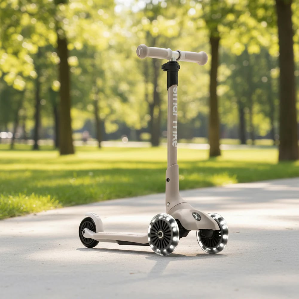 SmarTrike Xtend Scooter in Beige mit LED-Rädern auf einem sonnigen Parkweg – hochwertiger mitwachsender Kinderroller für Kinder