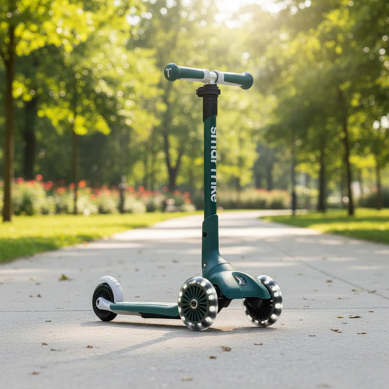 SmarTrike Xtend Scooter in Grün mit leuchtenden LED-Rädern auf einem Weg im Park – stabiler mitwachsender Kinderroller für Kinder