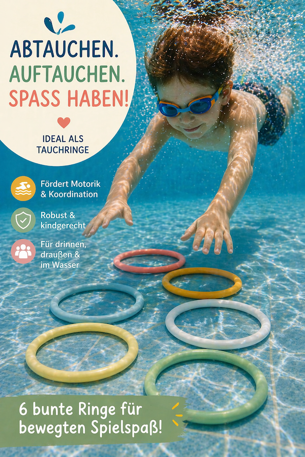 So beschäftigst du Kinder im Sommer ohne Bildschirm: Tauchringe für den Pool sorgen für Bewegung, Spaß und strahlende Kinderaugen.