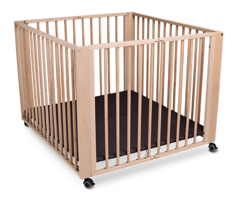Foldable wooden baby playpen Moritz made of natural beech with black floor cushion and lockable wheels