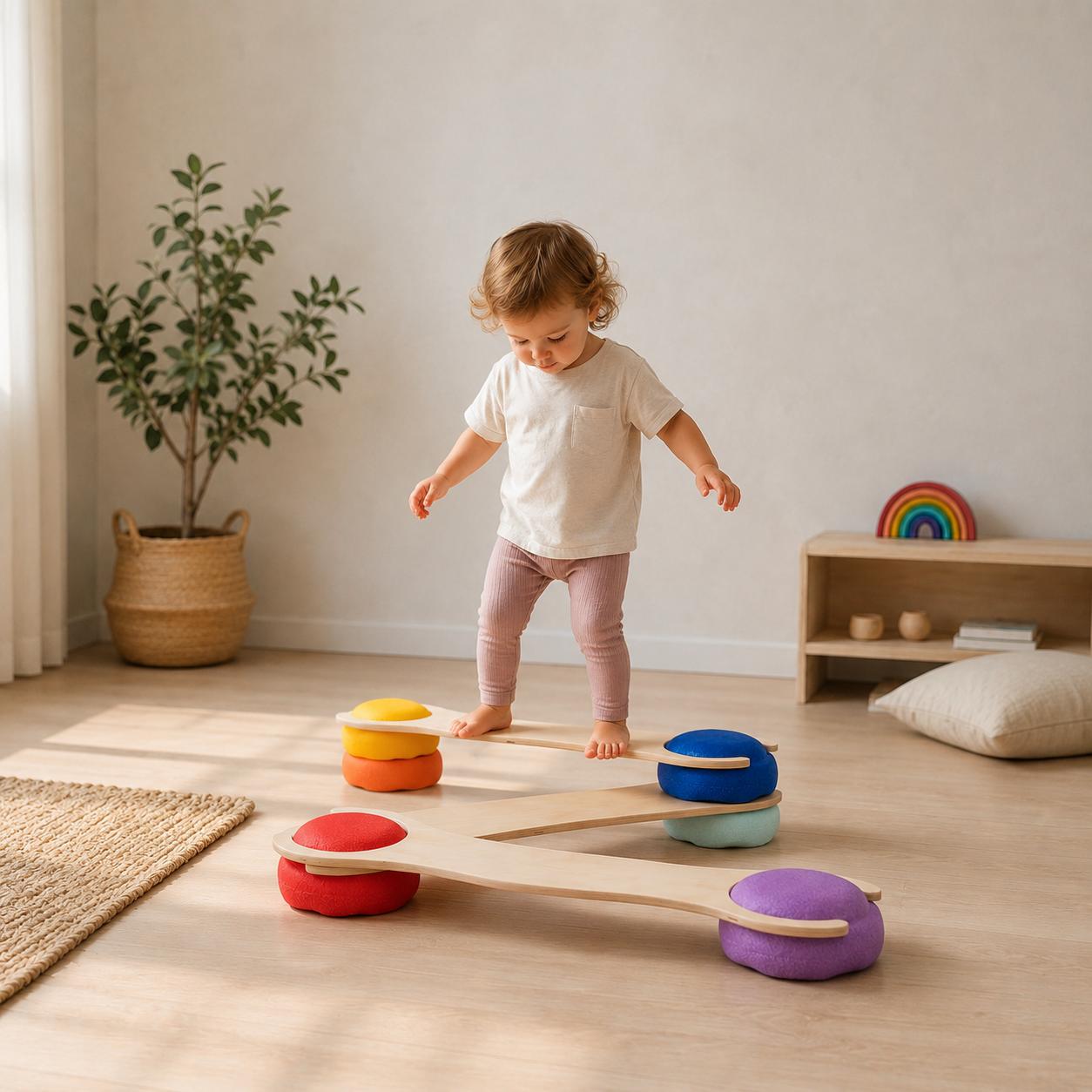 Kleinkind balanciert auf dem tiSsi Balance Board Set mit bunten Stapelsteinen und fördert spielerisch Gleichgewicht, Koordination und Motorik im Kinderzimmer.