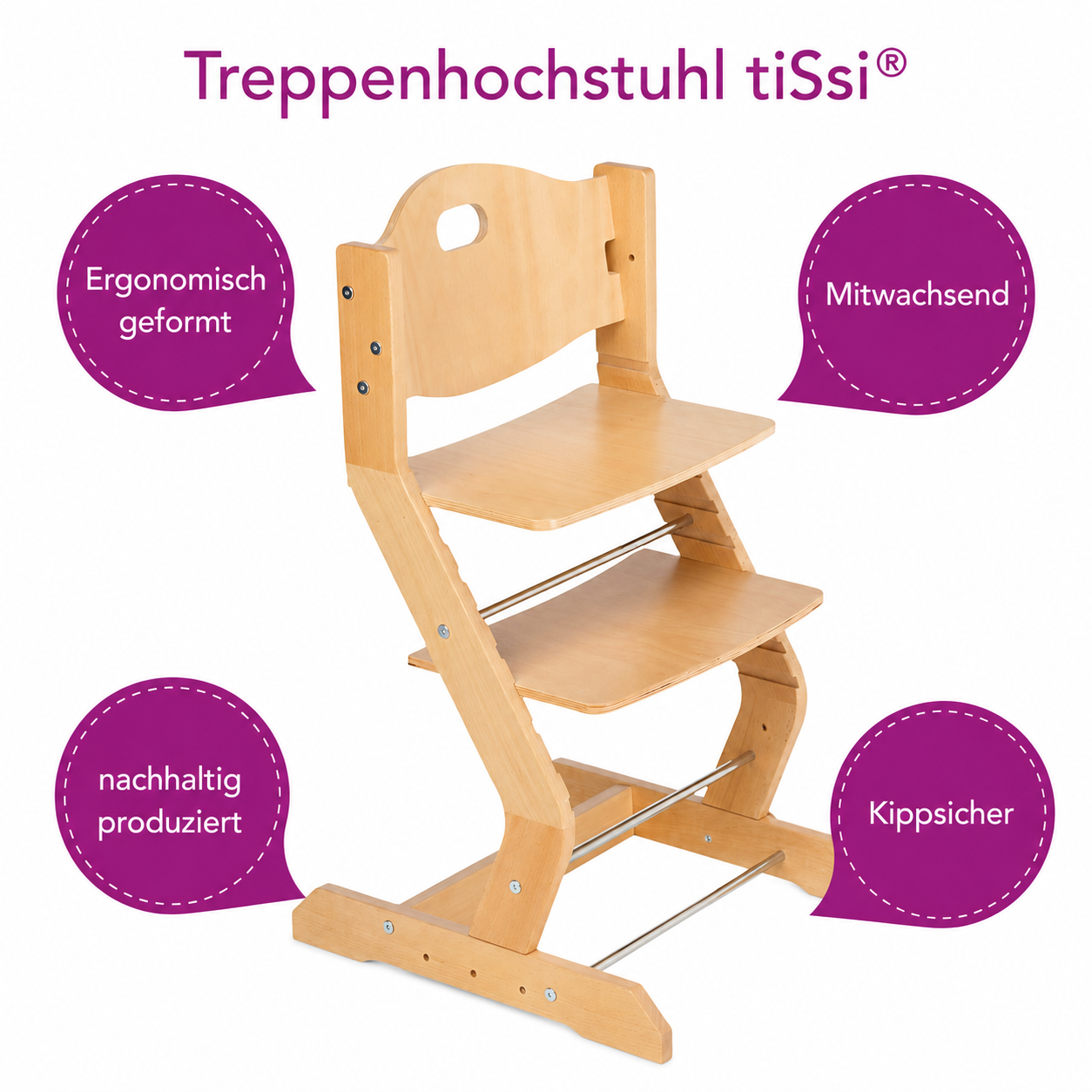 Seitenansicht des tiSsi Treppenhochstuhls Natur aus massivem Buchenholz