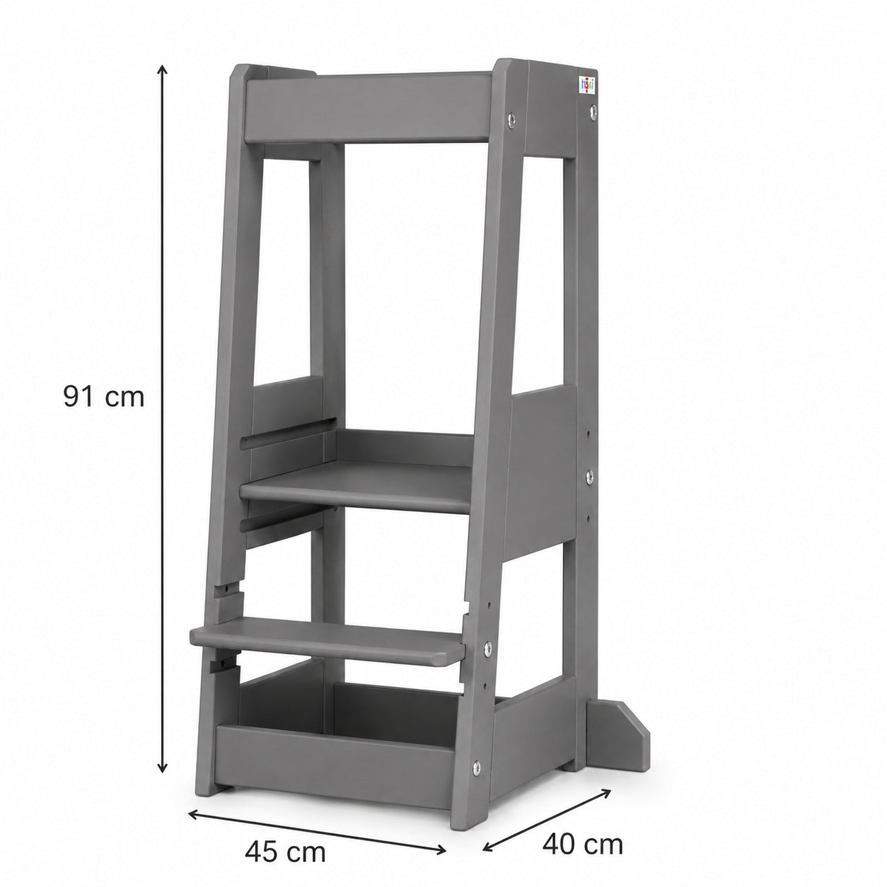 Grauer tiSsi Lernturm Felix mit Maßen 40 x 91 x 45 cm als mitwachsender Kinder-Lernturm für Küche, Bad und Alltag