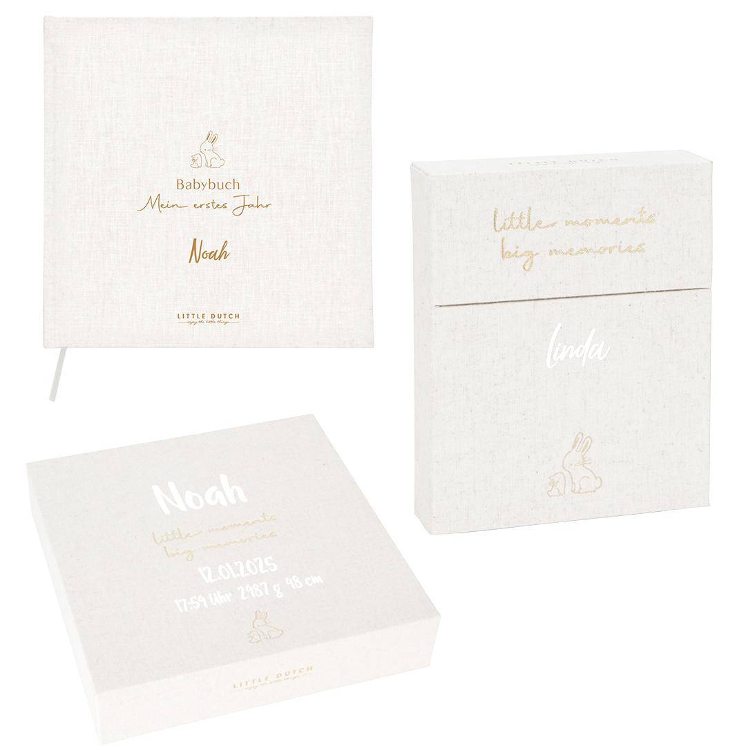 Personalisiertes Welcome Baby Set mit Babytagebuch, Erinnerungsbox und Meilensteinkarten für Erinnerungen an das erste Babyjahr – hochwertiges Geschenk zur Geburt mit Name und Geburtsdaten von Schmatzepuffer.