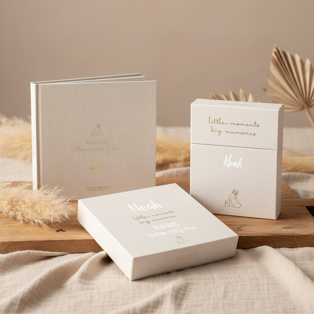 Personalisiertes Welcome Baby Set mit Babytagebuch, Erinnerungsbox und Meilensteinkarten für Erinnerungen an das erste Babyjahr – hochwertiges Geschenk zur Geburt von Schmatzepuffer.