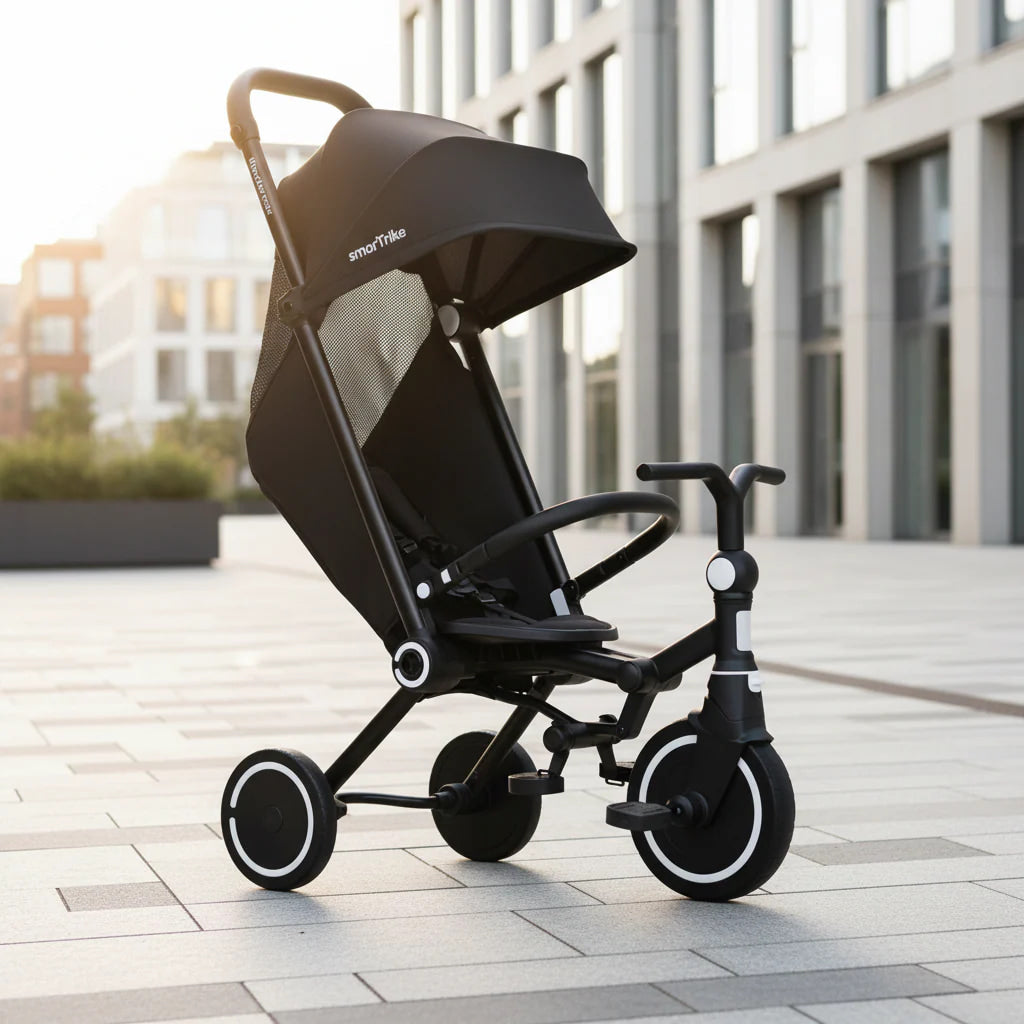 Faltbares Reise Dreirad Wonder Max Jet Black in der Stadt leicht und kompakt perfekte Alternative zum Kinderwagen für kurze Wege